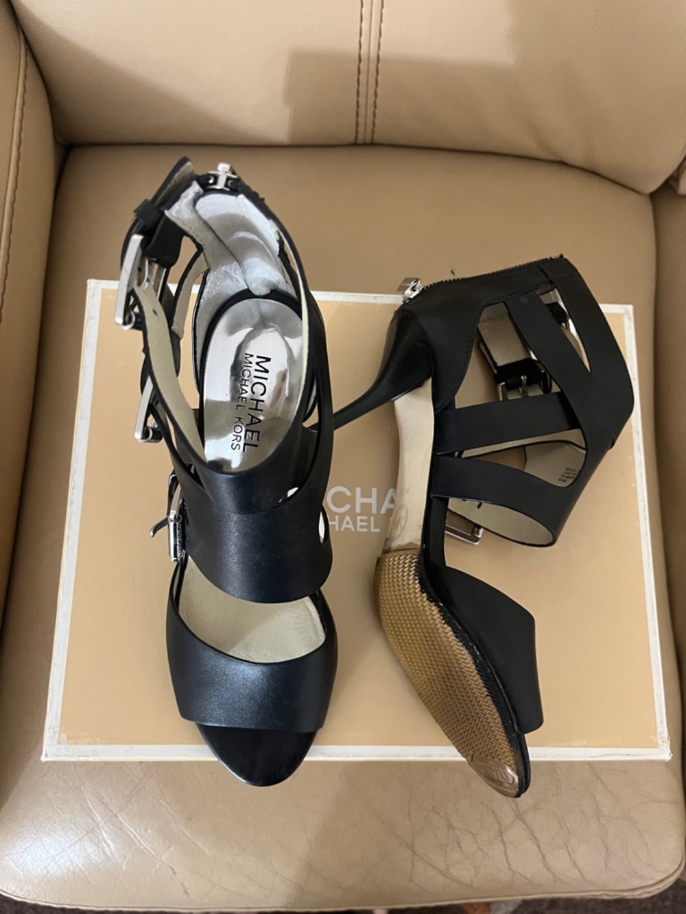 Michael Kors Black Strappy High Heel Sandals with Buckle Accent